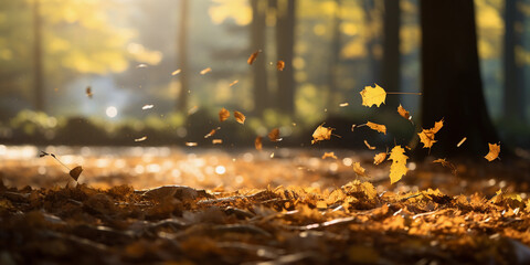 Autumn breeze, leaves falling in a colorful forest, dappled sunlight, natural lighting