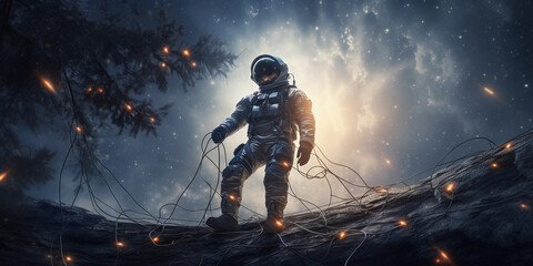 astronaut tethered to a satellite, repairing with tools, against a starry background - obrazy, fototapety, plakaty