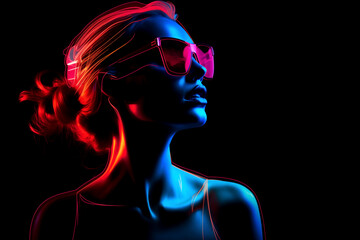 Closeup fashion profile portrait of a woman with neon light painting