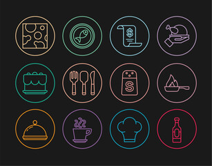 Set line Wine bottle, Frying pan, Paper or financial check, Fork, spoon and knife, Cake, Cheese, Salt and Served fish plate icon. Vector