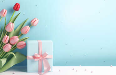 beautiful frame with tulips and presents on blue background, gift boxes, wrapping paper, and bouquet of tulips
