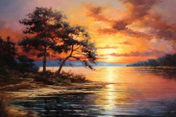 Fototapeta na wymiar Impressionist Lakeside Sunset