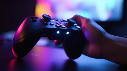 closeup hand with console game in rgb light background - obrazy, fototapety, plakaty