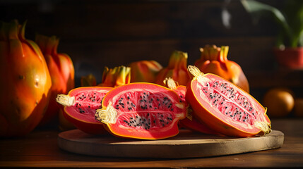 sliced dragon fruit and a whole papaya, arranged on a rustic wooden table