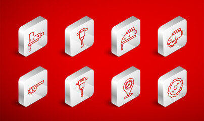 Set line Circular saw blade, Construction jackhammer, Electric jigsaw, circular, and Reciprocating icon. Vector