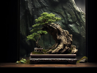 ancient Bonsai tree, hollow trunk, placed on a dark slate, diffuse natural light streaming through a window, Zen garden background