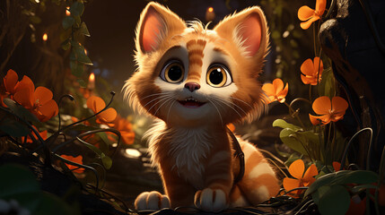 Filhote de gato laranja fofo na floresta - Ilustração infantil - obrazy, fototapety, plakaty