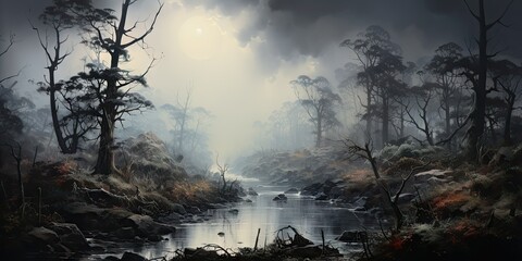 Misty Forest at Dawn Painting