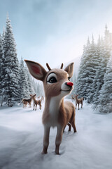 Portrait de Rudolph le renne au nez rouge (Rudy) du traineau du Père Noël à la montagne dans la neige avec d'autres rennes devant une forêt enneigée - Noël, célébrations de fin d'année - obrazy, fototapety, plakaty