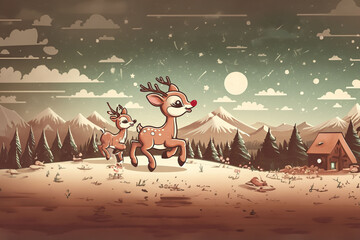 Portrait de Rudolph le petit renne au nez rouge (Rudy) du traineau du Père Noël à la montagne dans la neige avec d'autres rennes devant une forêt enneigée - Noël, célébrations de fin d'année