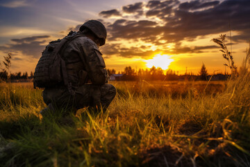 Photograph of a soldier kneeling after praying at sunrise.