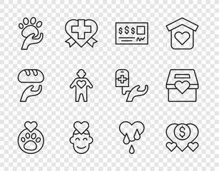 Fototapeta premium Set line Heart with animals footprint, Donation and charity, Bank check, Volunteer, Animal volunteer, Blood donation and icon. Vector