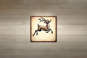 Panneau en métal, type enseigne de magasin, accroché sur un mur en lattes de bois, avec le motif de Rudolph, le petite renne au nez rouge du traineau du Père noël. Version  steampunk de Noël