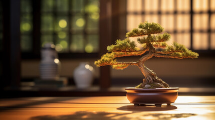 Bonsai tree, Japanese White Pine, carefully pruned, the miniature tree on a wooden table, natural light, golden hour, room filled with Japanese artifacts