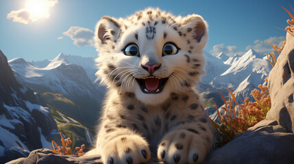 Leopardo das neves filhote fofo e feliz sorrindo nas montanhas geladas - Ilustração infantil - obrazy, fototapety, plakaty