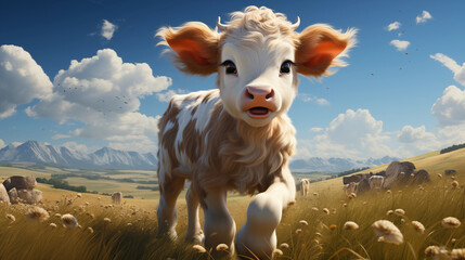 Vaca malhada filhote, feliz e fofa - Ilustração infantil