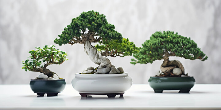 Bonsai trees, Ficus, Juniper, and Pine, staggered heights, white marble background, softbox lighting