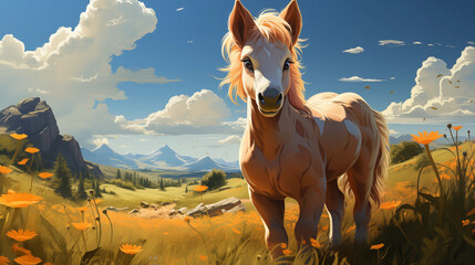 Cavalo bege fofo no campo - Ilustração infantil  - obrazy, fototapety, plakaty