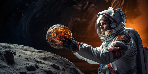 astronaut holding a sample of alien rock, vivid colors, standing on an exoplanet, two moons in the sky, vivid but natural lighting