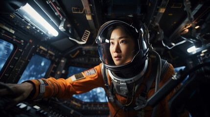 Asian female astronaut, floating inside the ISS, interacting with control panels, dramatic overhead LED lighting, environment reflecting in the helmet visor - obrazy, fototapety, plakaty