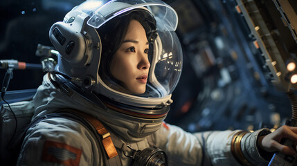 Asian female astronaut, floating inside the ISS, interacting with control panels, dramatic overhead LED lighting, environment reflecting in the helmet visor - obrazy, fototapety, plakaty