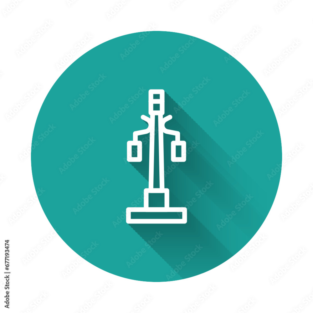 Poster white line street light system icon isolated with long shadow. green circle button. vector