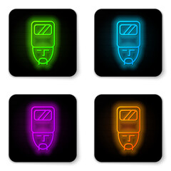 Glowing neon line Ukrainian cossack icon isolated on white background. Black square button. Vector