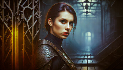 A Portrait of a Young Woman in a Futuristic Steampunk Setting With Moody Lighting