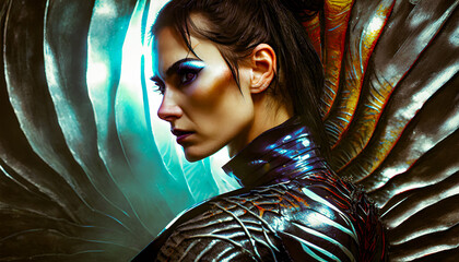 A Futuristic Portrait Close Up of a Female Space Warrior Wearing Battle Armour and looking pensively off camera