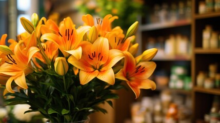 Bouquet of orange lilies in flower shop, stock photo. Mother's day concept with a space for a text. Valentine day concept with a copy space.