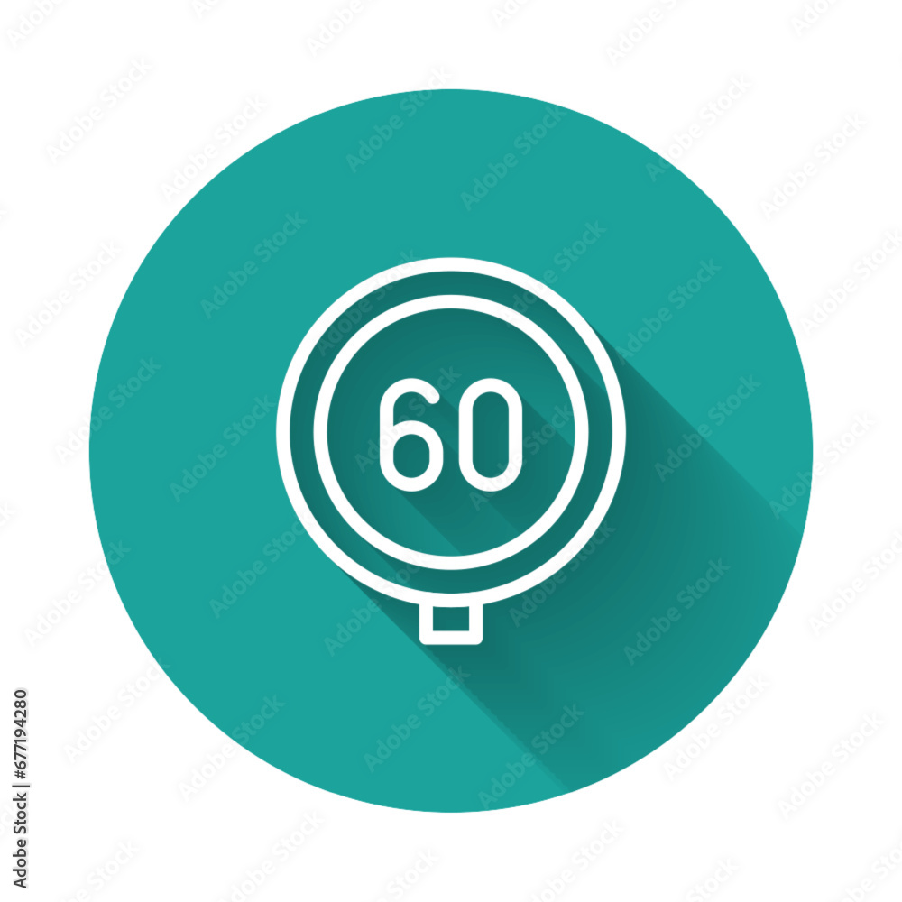 Poster white line speed limit traffic sign 60 km icon isolated with long shadow background. green circle bu