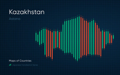 Kazakhstan, Qazaqstan map is shown in a chart with bars and lines. Japanese candlestick chart Series	
