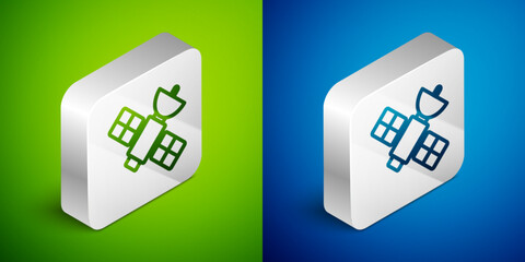 Isometric line Satellite icon isolated on green and blue background. Silver square button. Vector