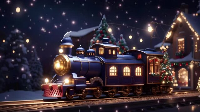 train at night with christmas decorations. seamless looping time-lapse virtual video animation background.