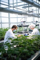 Scientists dressed in special suits with rubber gloves on hands working in modern greenhouse exploring plant growth and recording information. Research scientists plants in greenhouse