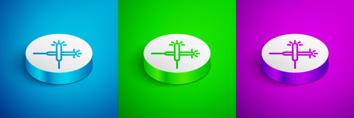 Fototapeta premium Isometric line Sparkler firework icon isolated on blue, green and purple background. Festive Christmas sparkler candle lights. Merry Christmas and Happy New Year. White circle button. Vector