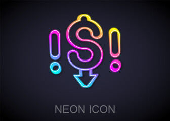 Glowing neon line Dollar rate decrease icon isolated on black background. Cost reduction. Money symbol with down arrow. Business lost crisis decrease. Vector