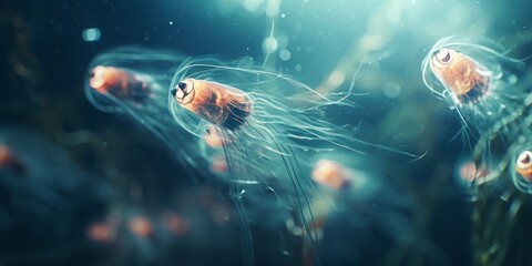 Dive into the Depths with a Realistic Macro Photo of Plankton in Dark Water, Unveiling the Cinematic Beauty of Underwater Life in Exquisite Detail