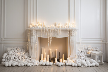 Festive christmas décor with balls, candles and Christmas tree close-up in cozy home