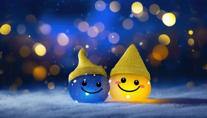Blue and yellow smiling emoticons, smileys, emojis in yellow hats on snowy bokeh backdrop for successful resolution of conflict war in Ukraine