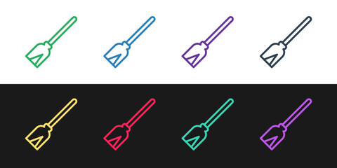 Set line Handle broom icon isolated on black and white background. Cleaning service concept. Vector
