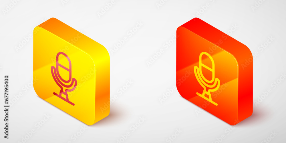 Poster isometric line microphone voice device icon isolated on grey background. microphone interpreter and 
