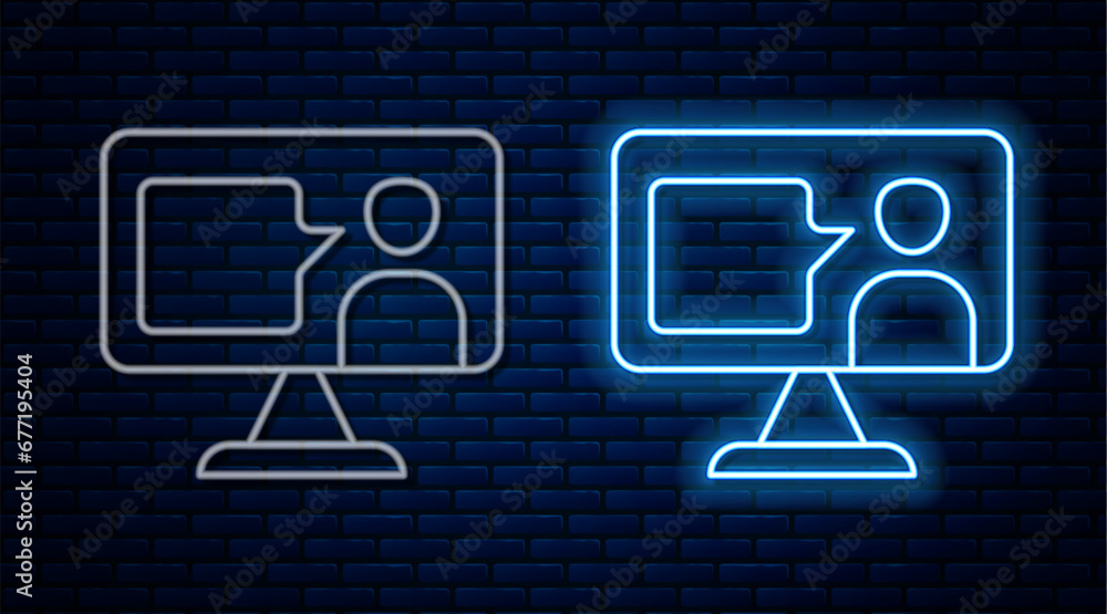 Poster glowing neon line e-learning of different foreign languages icon isolated on brick wall background. 