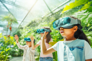 Asian Curious children with VR glasses studying path simulation plants sciences at greenhouse. Alpha Generation and education with gadgets concept - obrazy, fototapety, plakaty