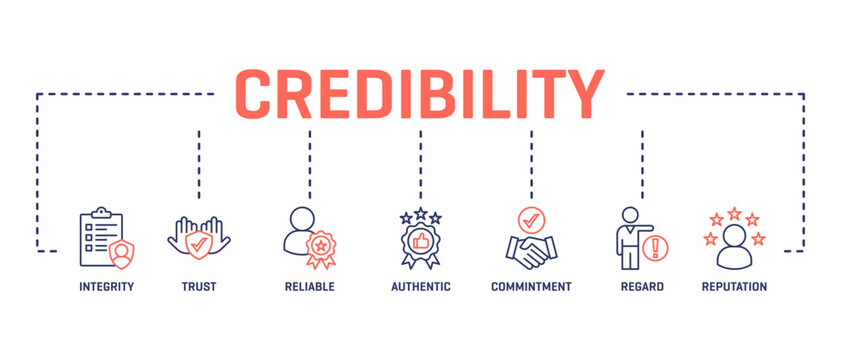 Credibility banner web line two color icon vector illustration concept with icon of integrity, trust, reliable, authentic, commitment, regard, and reputation