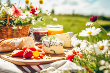 Romantic outdoor picnic featuring a variety of cheeses, fresh strawberries, bread, and jam among blooming daisies and wild herbs, perfect for lifestyle or food-related content and advertising