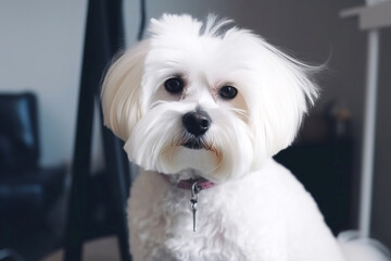 Caring for a haircut for a pet, grooming a white small dog at the barber, close-up. AI generated.