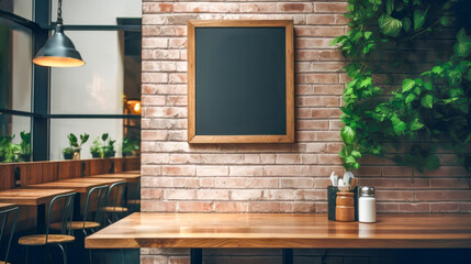 Blank of blackboard on brick wall in cafe. Cozy Interior of cafe with empty table for montage of your products and blank blackboard for your text, ideal for eco-conscious branding and menu displays