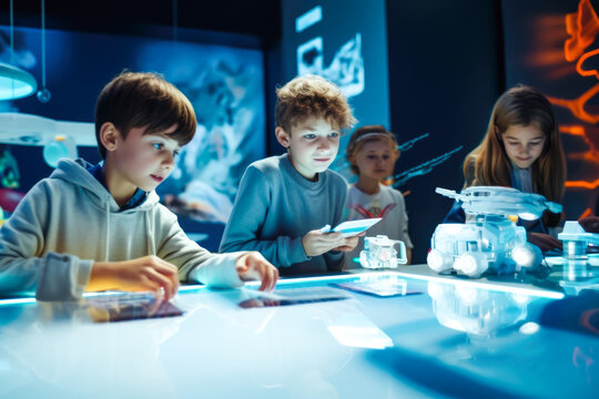 Children interact with robotics at STEM education exhibit, ideal for educational content or promoting technology-focused learning programs. Alpha Generation and education of new technology concept