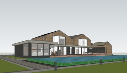 Fototapeta premium Architecture 3d rendering illustration of modern Wooden houses with natural landscape , daytime